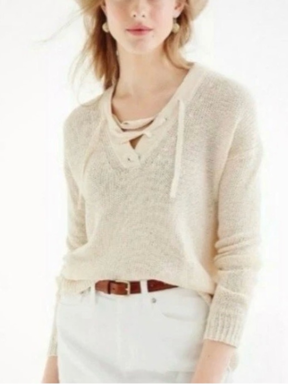 J. Crew Beach Open Knit grommet Sweater Size Small Coastal Chic Linen Flawed